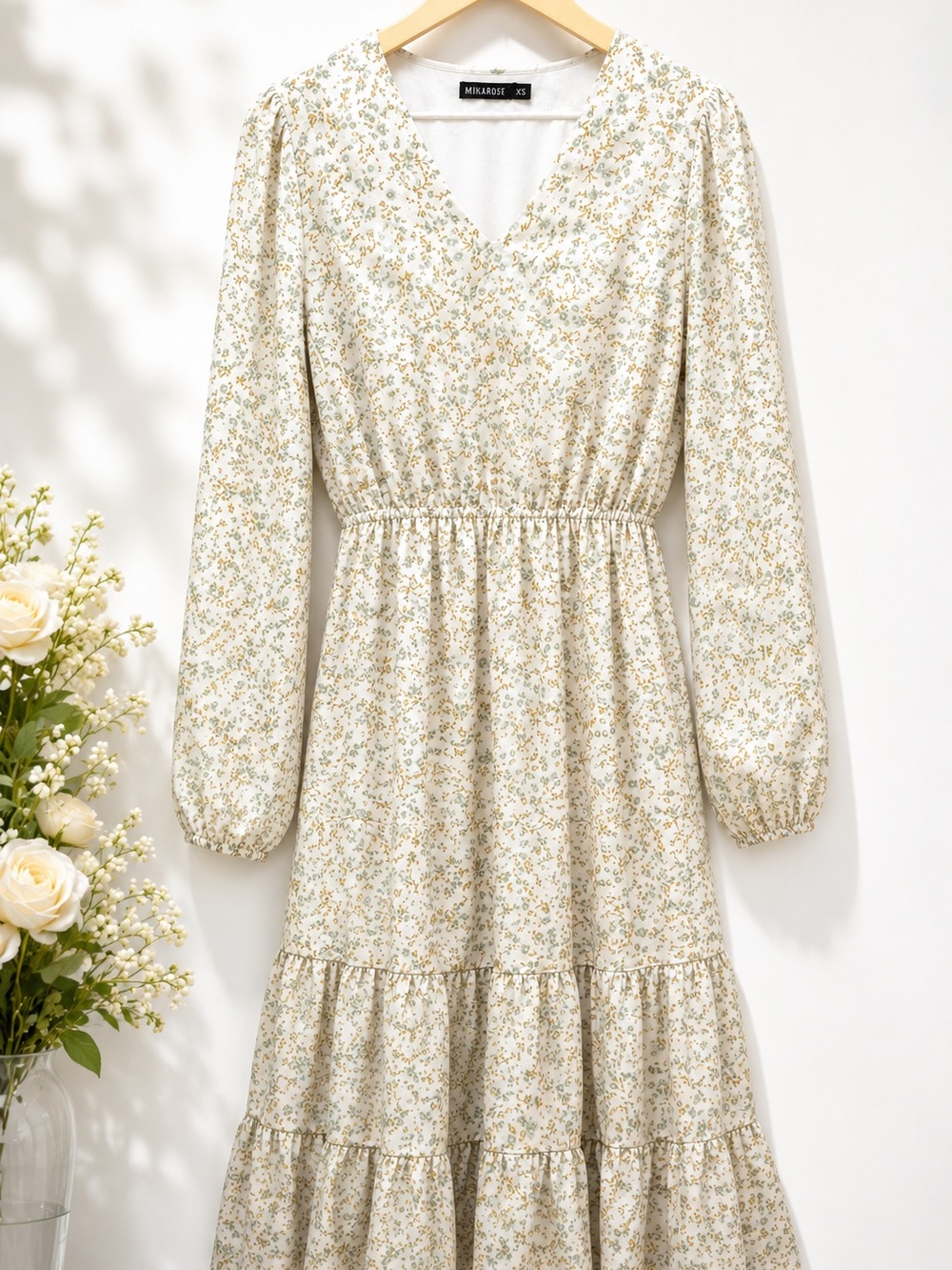 Mikarose Cream Floral V‑Neck Long Sleeve Maxi Dress - Picture 1 of 3